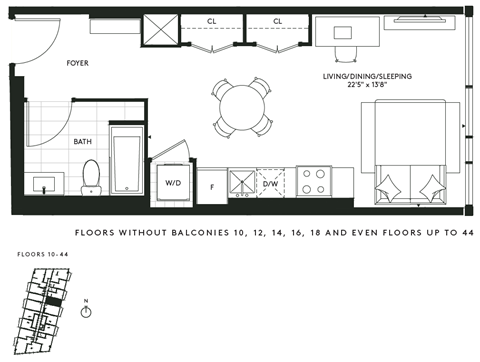 Floor plan for studio, 1 bath, 480 sqft